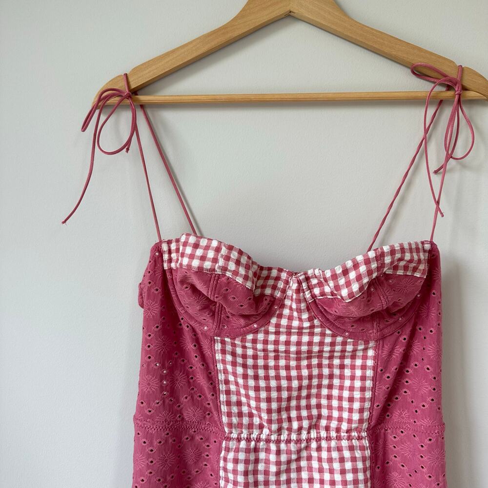 Urban Outfitters Felicity Eyelet Bustier Gingham Print Mini Dress Pink L NWT - Picture 3 of 10